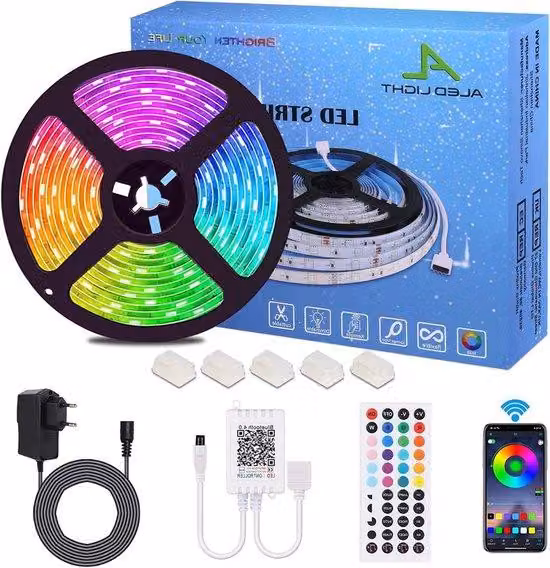Strisce LED con LED SMD 5050, alimentatore da 12 V e telecomando a 44 tasti - Striscia luminosa con striscia adesiva