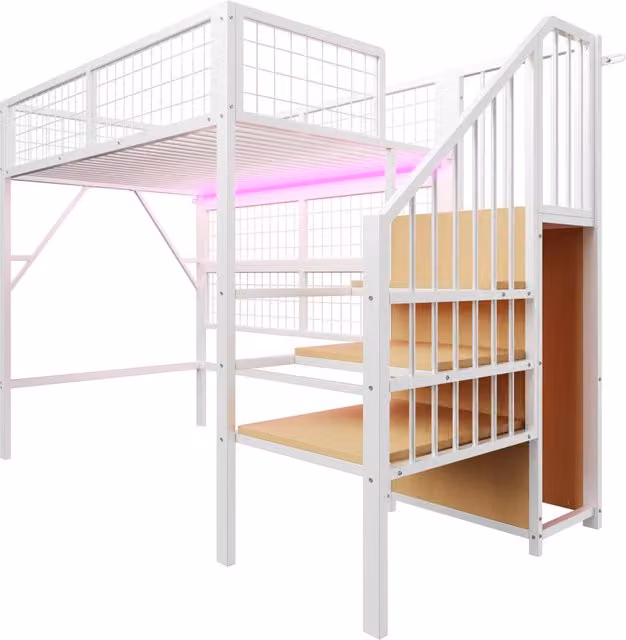 Letto a soppalco Chicfurn con LED, scala con contenitore e armadio, in metallo e MDF, bianco e nero, L/P/H: 200 x 90 x 170 cm