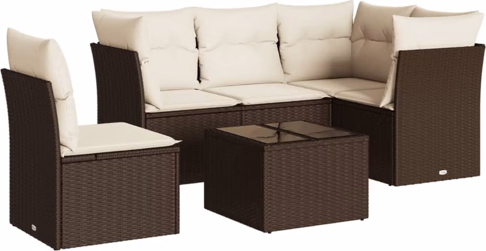 Set Divano da Giardino 6 pz con Cuscini Marrone in Polyrattan