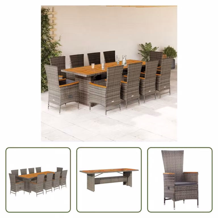 The Living Store Set da pranzo da giardino 11 pezzi con cuscini in poly rattan grigio