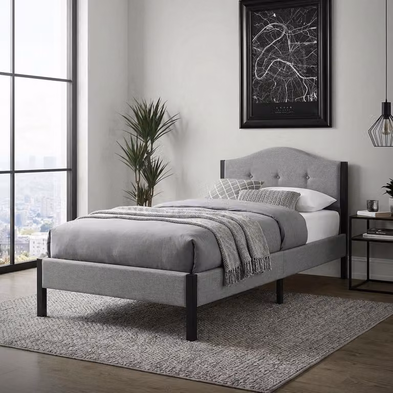 Letto imbottito ML-Design, 90x200 cm, grigio. Letto singolo con struttura robusta, telaio con poggiatesta e rete a doghe. Letto moderno per giovani, rivestito in tessuto di lino