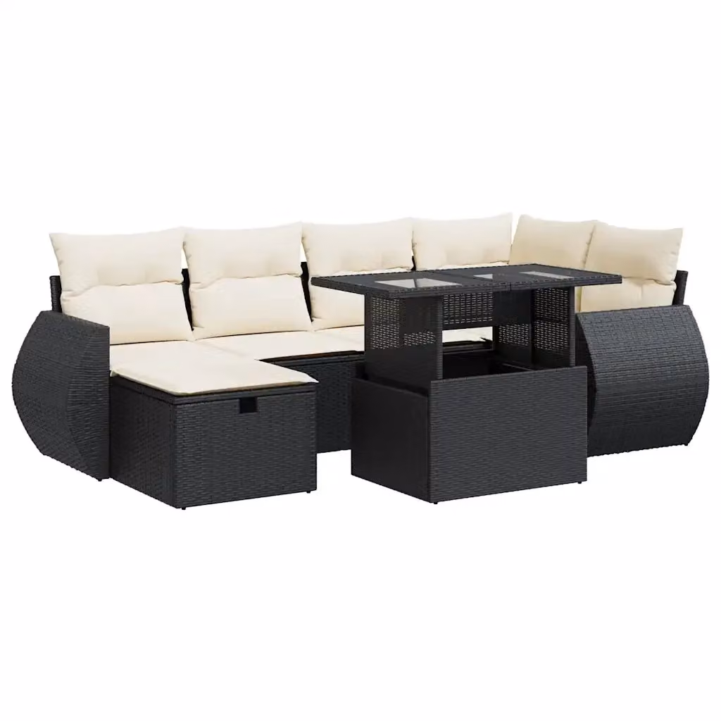 Set da giardino moderno vidaXL composto da 7 pezzi con divano ad angolo, tavolino da caffè e pouf in rattan con cuscini bianchi e nero – 2