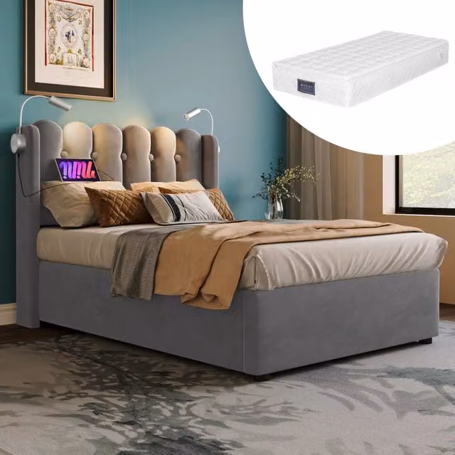 Letto singolo – 90x200 cm – luce USB contenitore con materasso – velluto grigio