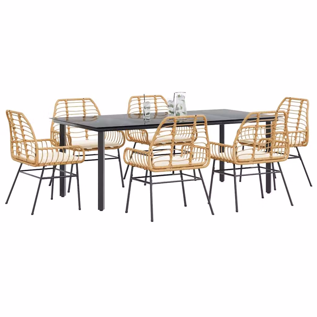 Set da pranzo da giardino vidaXL in polyrattan marrone con tavolo in vetro e 7 pezzi con cuscini