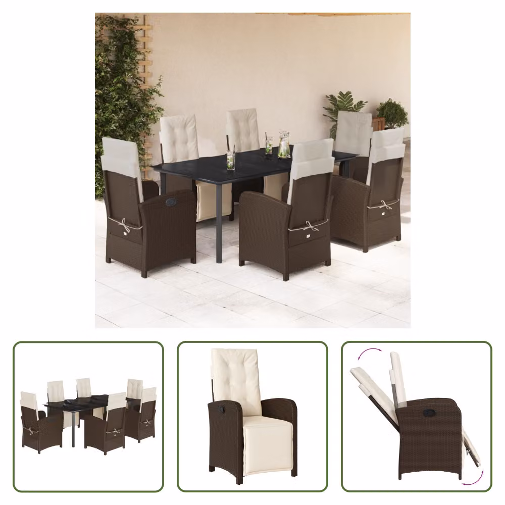 The Living Store Set da pranzo da giardino 7 pezzi con cuscini in polirattan marrone
