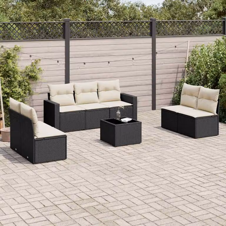 Set Divani da Giardino a L vidaXL in Polyrattan Nero con 8 Cuscini e Tavolino