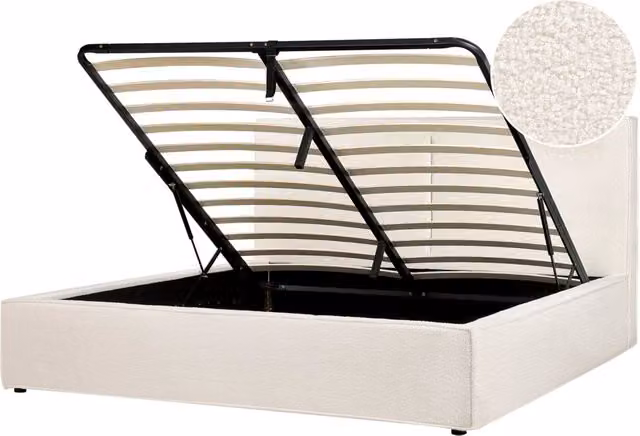 Letto king size 180 x 200 cm Bianco Sporco Rivestimento in bouclé Ottomana di contenitore Telaio a doghe Camera da letto moderna contemporanea