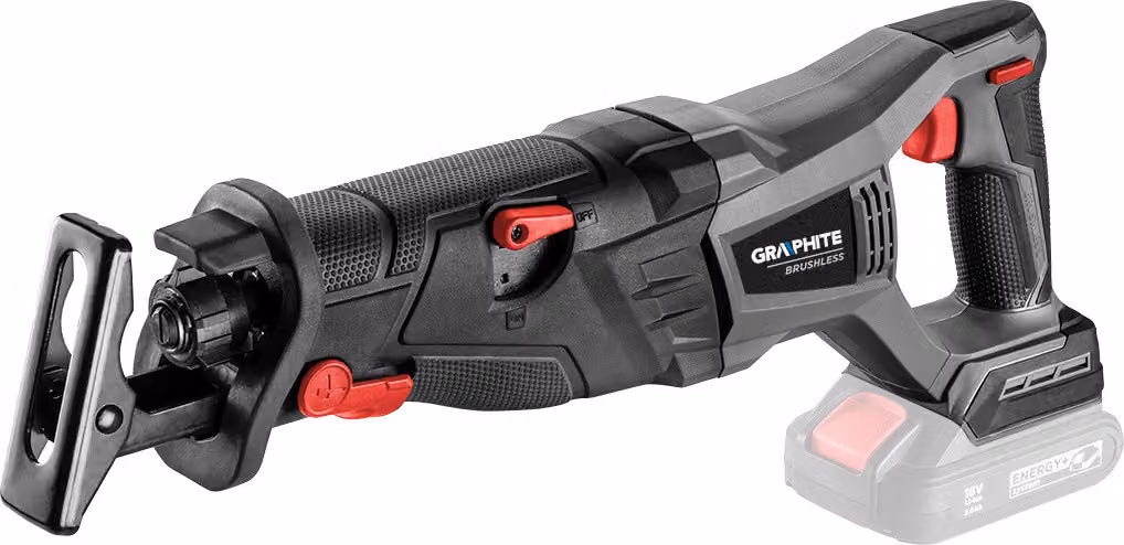 Seghetto alternativo a batteria GRAPHITE 18V Li-Ion, senza spazzole, con funzione di seghetto alternativo, piede estensibile, corsa lama 28 mm, velocità ciclo sega 0-3100 min-1, profondità di taglio 120/10 mm, accessori: lama per legno - 1 pezzo, compatib