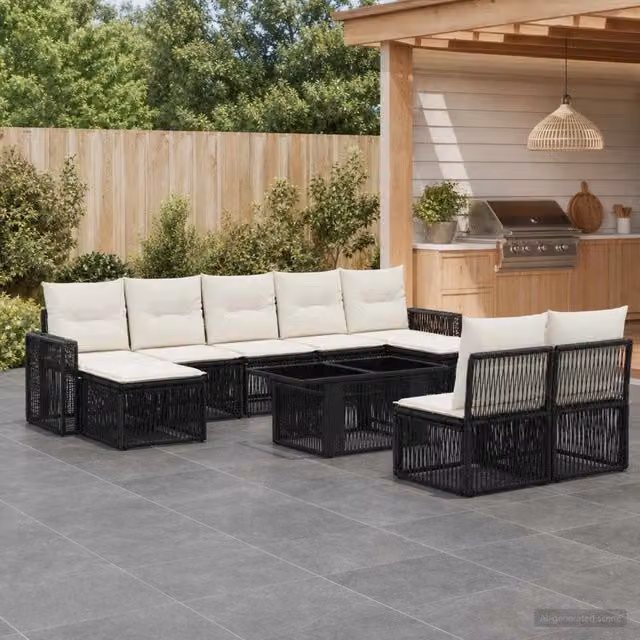 Set Divano da Giardino 10 pz Nero e Bianco Crema polyrattan 3436843