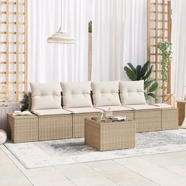 Set Divano da Giardino 5 Pezzi vidaXL Beige con Cuscini e Tavolino in Polyrattan e Acciaio