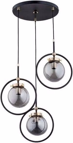 Lampada a sospensione industriale Akira Alfa in metallo nero e oro con vetro trasparente, Ø 40 cm, 3xE14