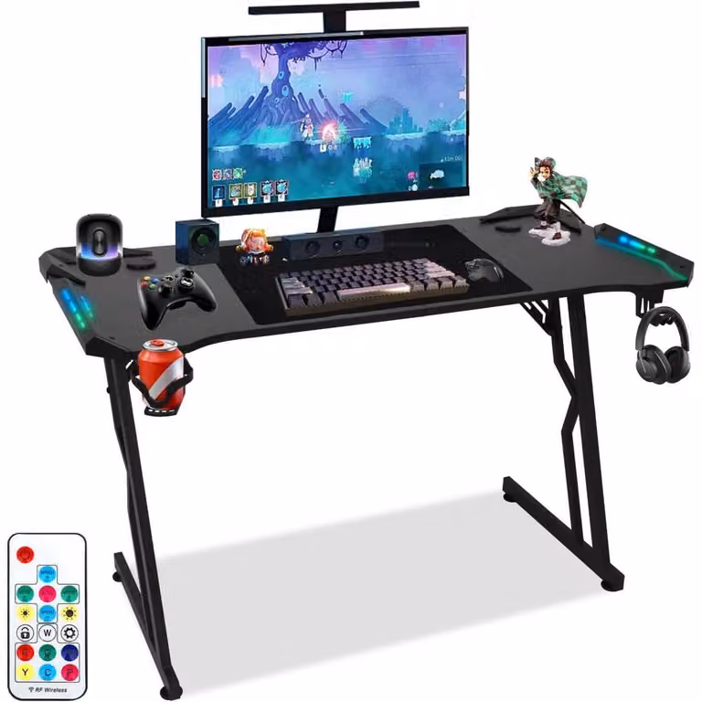 Scrivania da gaming con illuminazione RGB a LED, rivestimento in fibra di carbonio, portabicchieri, supporto per cuffie, colore nero, dimensioni 140x60 cm