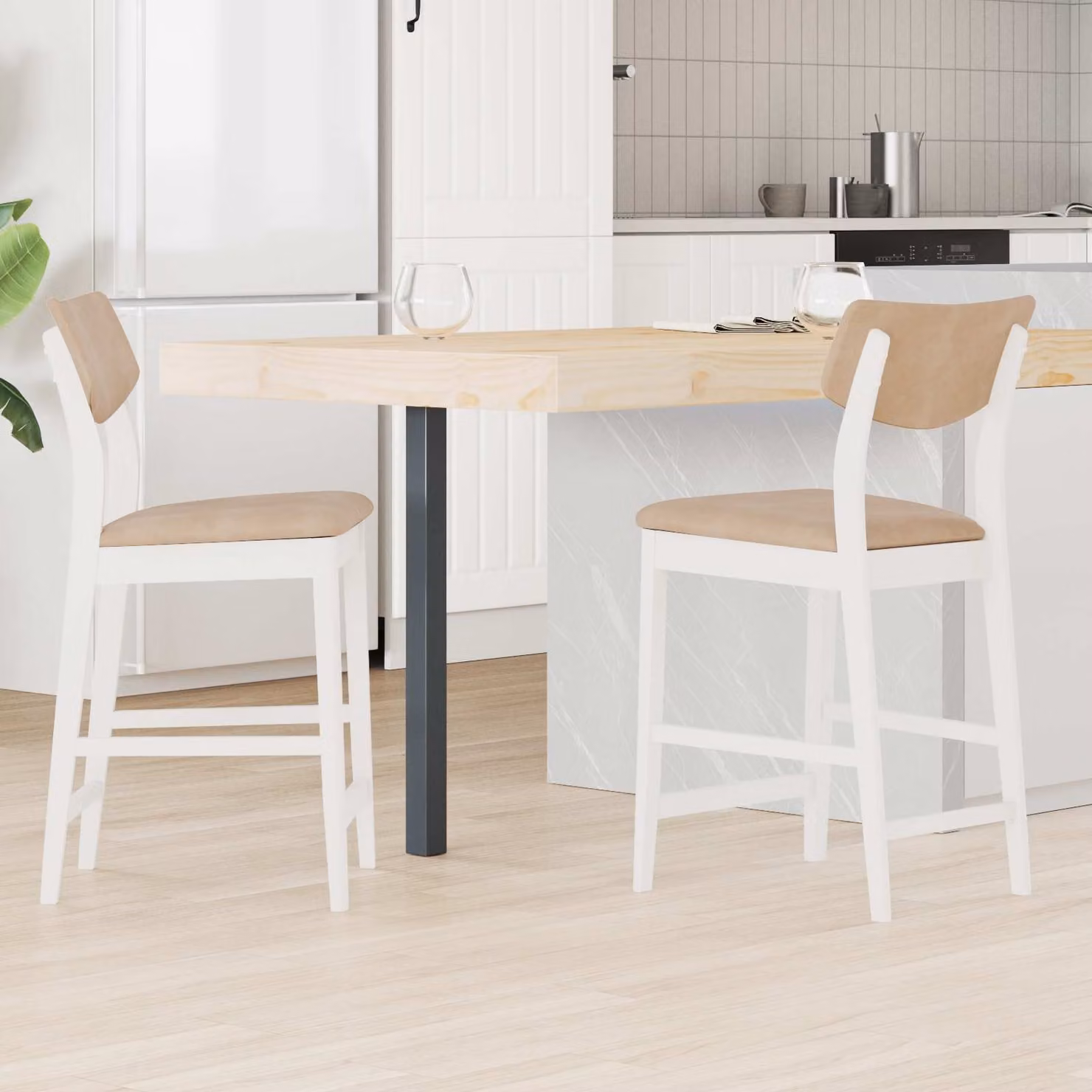 Set di 2 sedie da pranzo vidaXL in legno di gomma bianco con seduta in tessuto, L/P/H: 48 x 49 x 95 cm