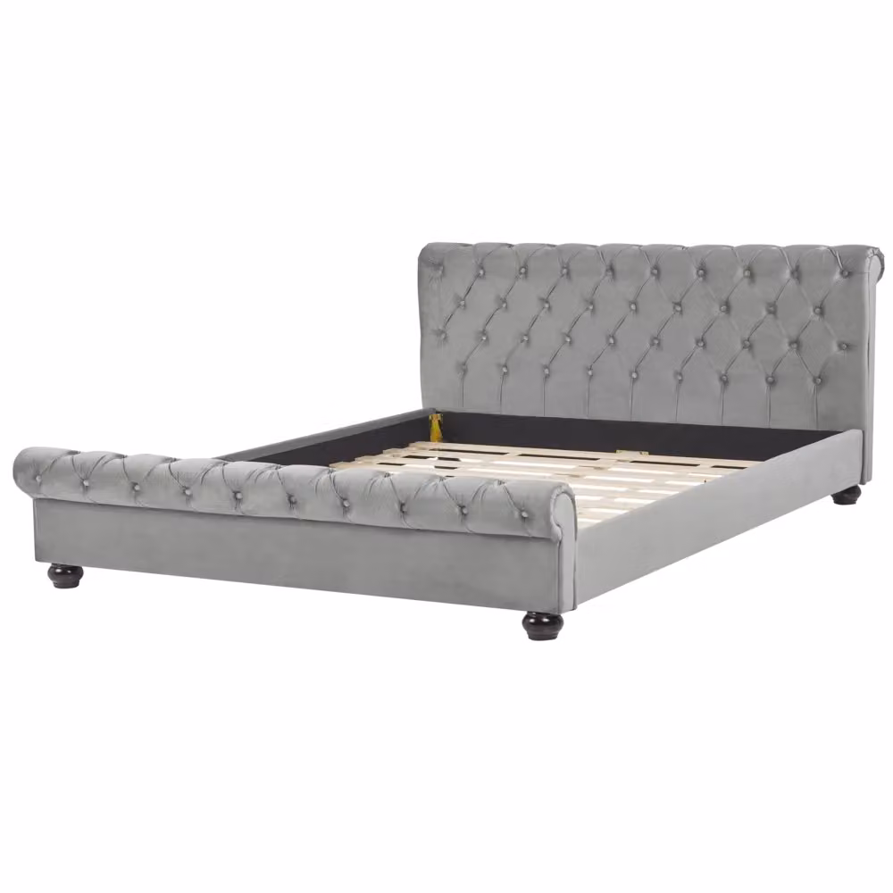 Letto matrimoniale Beliani imbottito in velluto grigio con rete a doghe L/P/H: 180 x 200 x 94 cm – 2