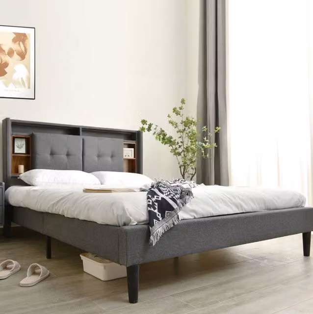 Letto matrimoniale imbottito 140x200 cm con testiera contenitore; LED e prese USB; grigio