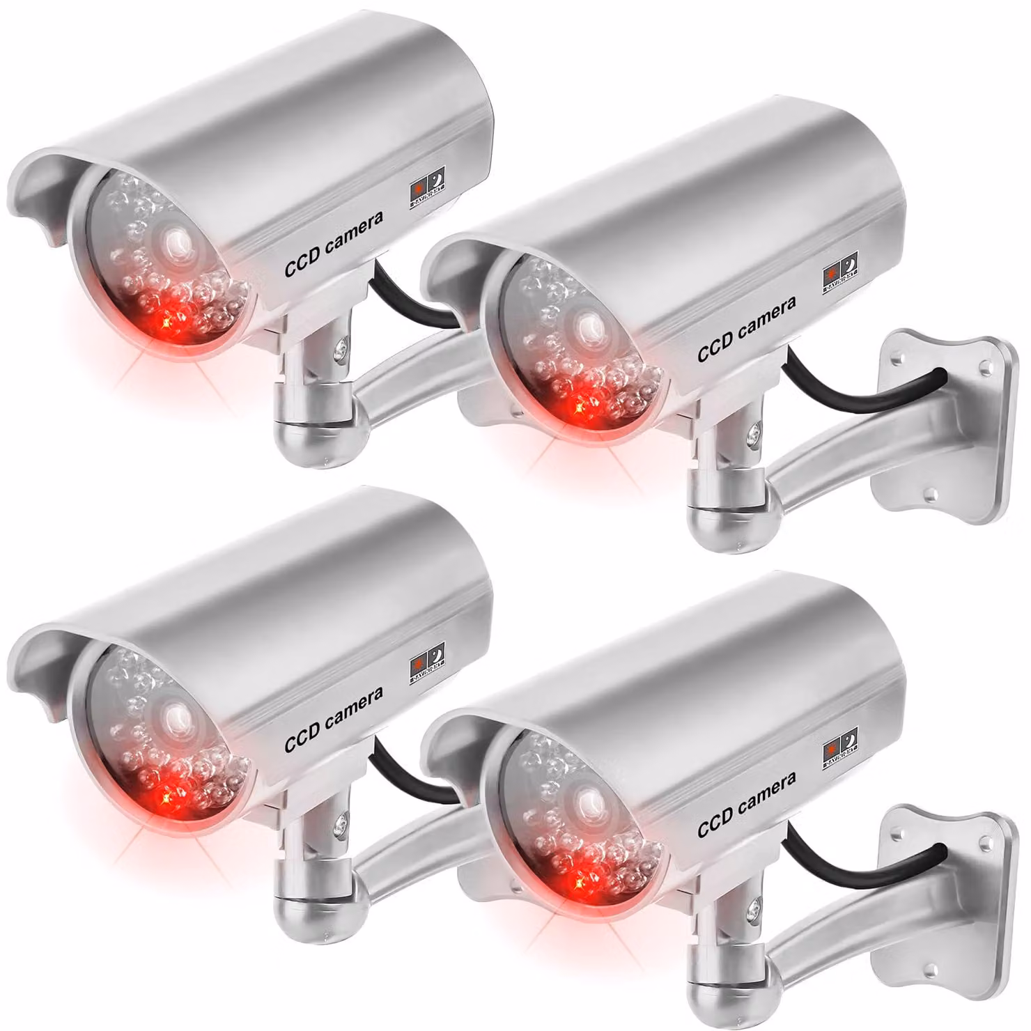 4 telecamere finte, telecamere di sicurezza finte con LED lampeggianti, telecamere di sicurezza finte per interni ed esterni