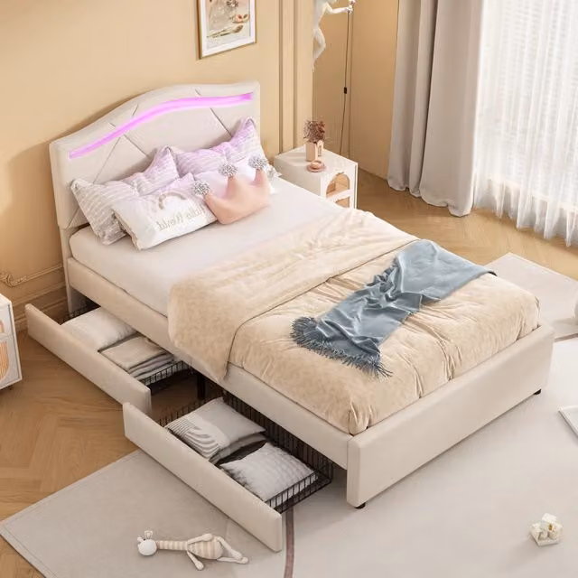 Letto singolo imbottito OKWISH in lino beige con 2 cassetti, illuminazione LED sottostante e testiera regolabile, L/P/H: 90 x 200 x 104 cm