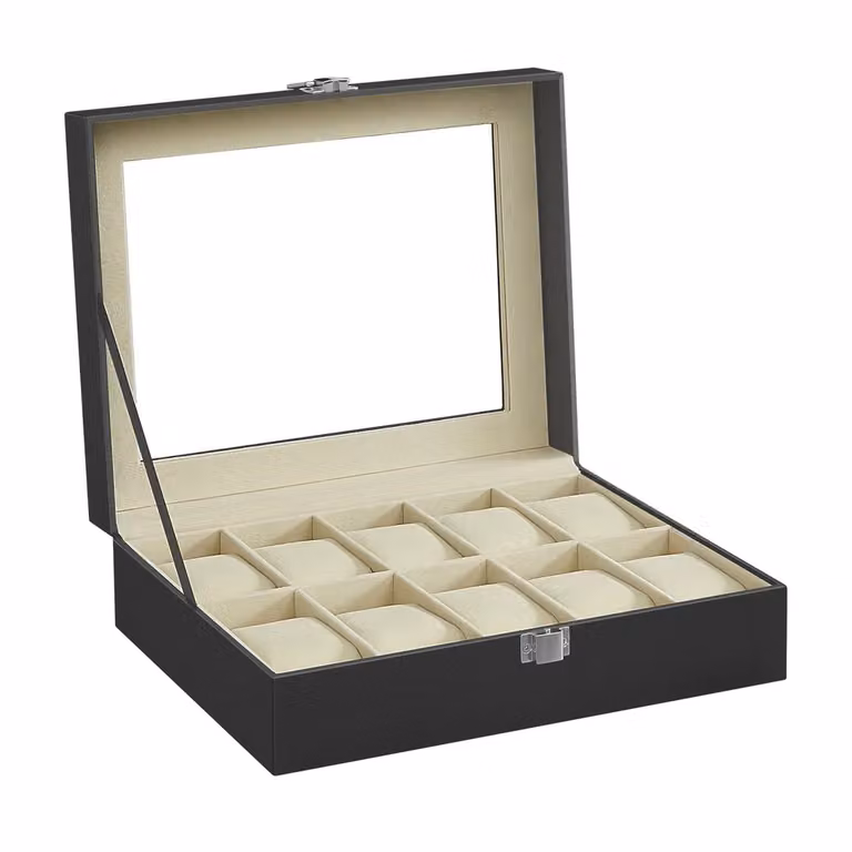 Scatola Portaorologi a 10 Posti, Superficie in PU Nera + Interno Verde-Beige