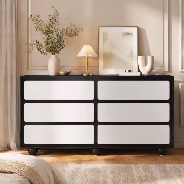 Comò moderno REDOM con 6 cassetti in legno e metallo, Bianco/Nero, L 140 cm x P 48,65 cm x H 74,5 cm