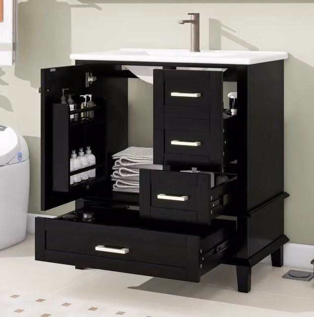 Mobile bagno freestanding nero con lavabo in ceramica integrato; cassetti e ripiano regolabile