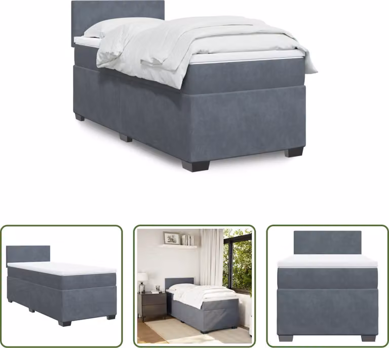 The Living Store Letto a molle con materasso grigio scuro 90x190 cm in velluto