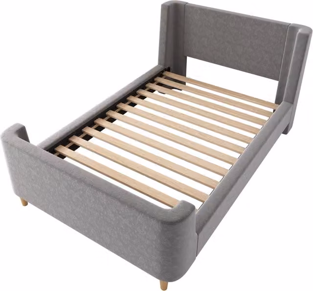 Letto singolo per bambini 90x200 cm in velluto grigio con struttura in metallo e legno massello, design a slitta con motivo spaziale