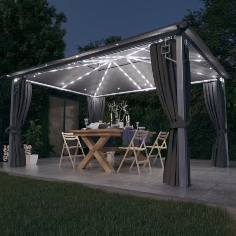 The Living Store gazebo con tende e luci LED 4x3 m alluminio antracite