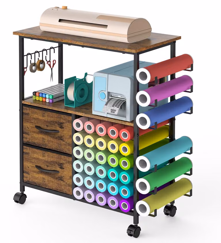 Carrello portarulli in vinile, dimensioni 60x32x76 cm, colore marrone, con ruote