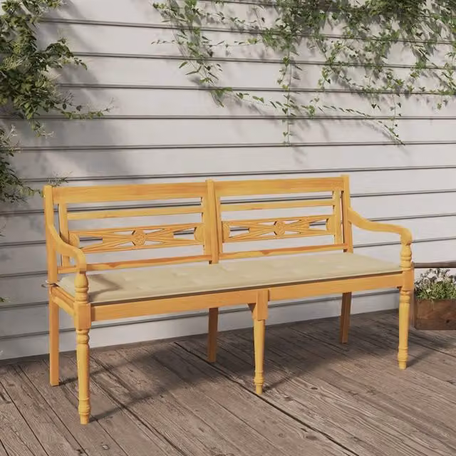 Panchina Batavia vidaXL in legno di teak con cuscini beige per giardino L: 150 cm – 1