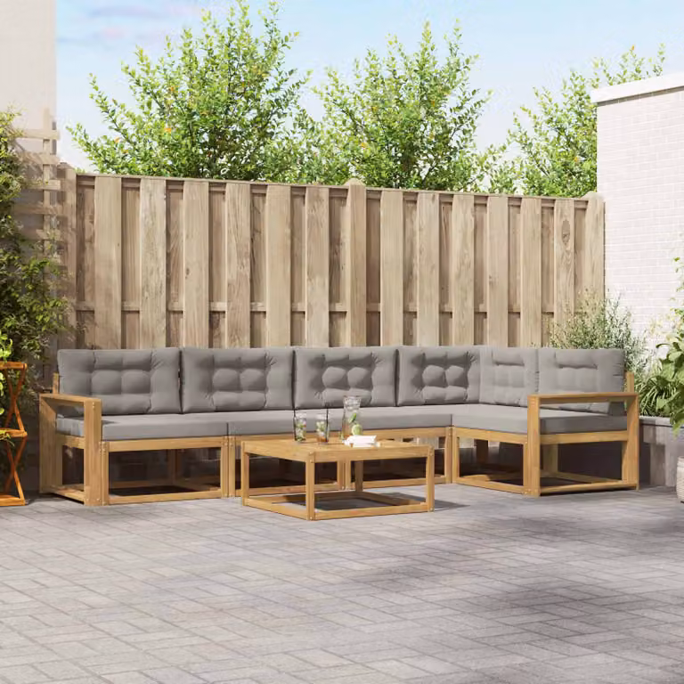 Set di divani da esterno vidaXL a forma di L composto da 6 pezzi con tavolino da caffè, struttura in legno di acacia e cuscini in poliestere bianco e grigio