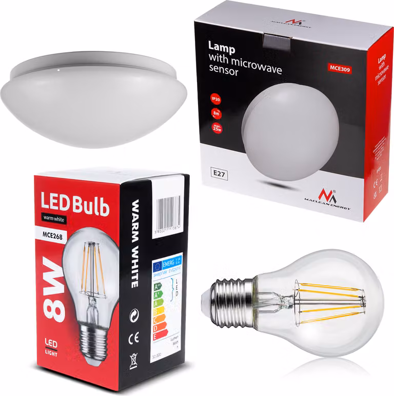 Plafoniera 1xE27 con sensore Maclean, sensore microonde, diffusore in PMMA, carico massimo 25W, IP20, MCE309 + lampadina MCE268 WW