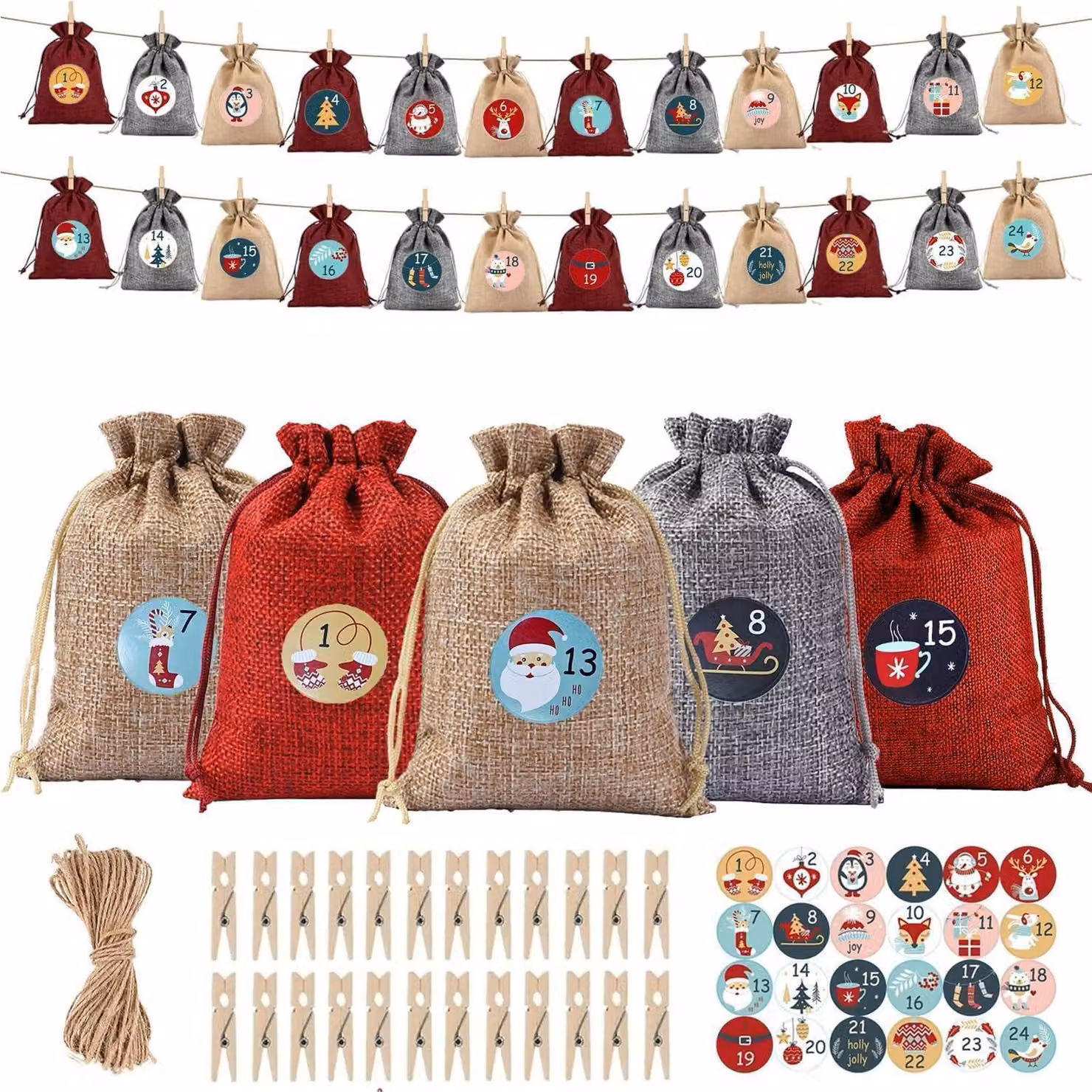 Calendario dell'Avvento da riempire per il 2026, composto da 24 sacchetti di tessuto, dimensioni 13x18 cm, nei colori rosso, giallo e grigio chiaro. Calendario di Natale fai-da-te con accessori inclusi
