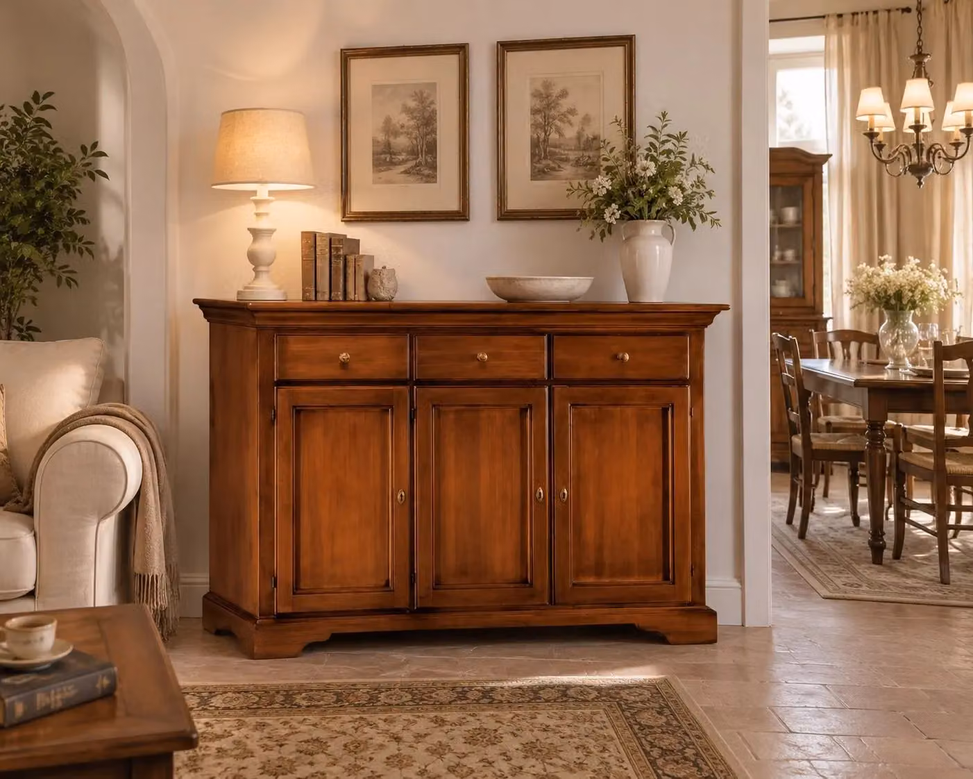 Madia credenza in stile arte povera Mobili 2G con 3 porte e 3 cassetti in legno color noce L: 147 cm, P: 45 cm, H: 93 cm – 1