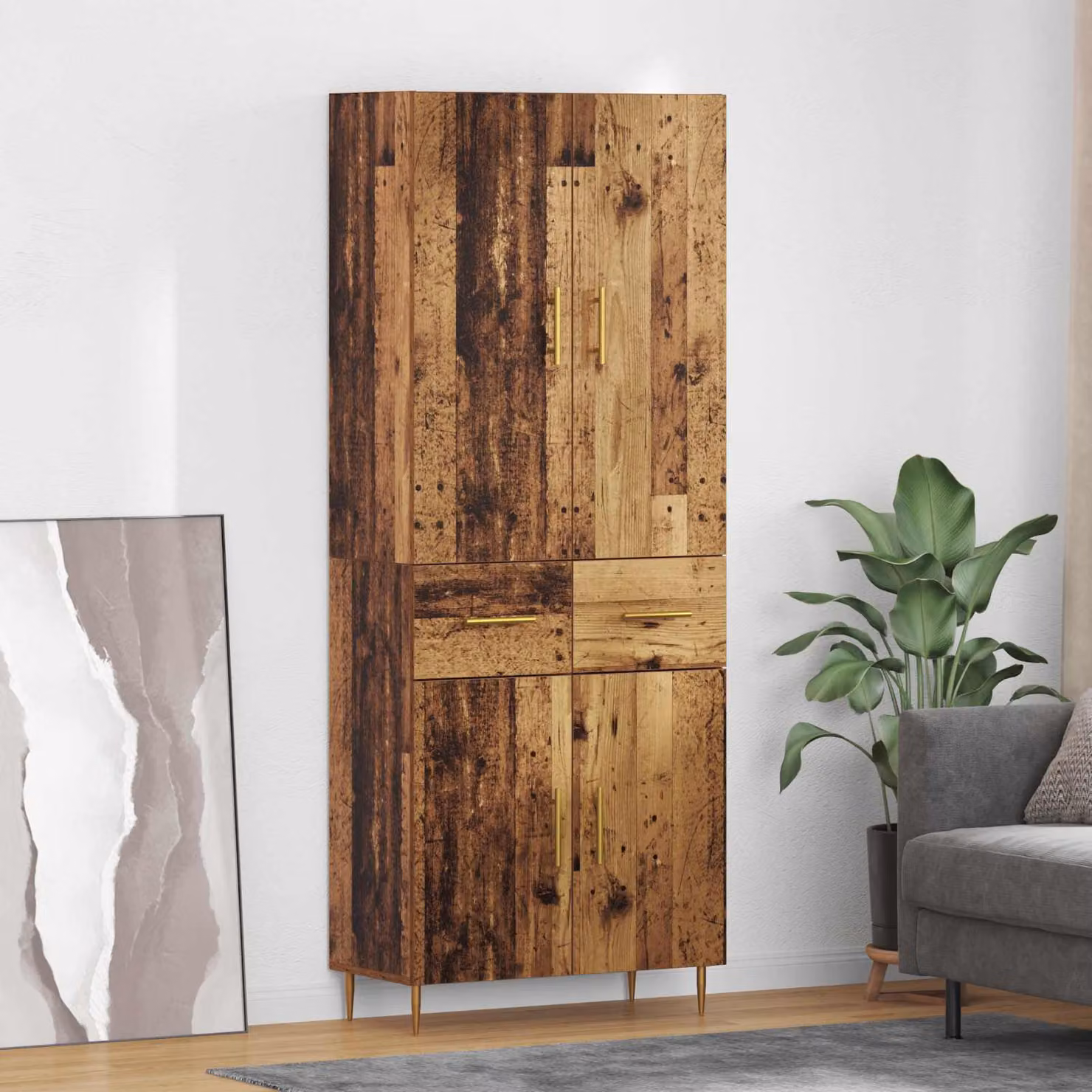 Credenza moderna vidaXL in legno ingegnerizzato effetto legno vecchio marrone e oro, L: 69,5 cm, P: 34 cm, H: 180 cm