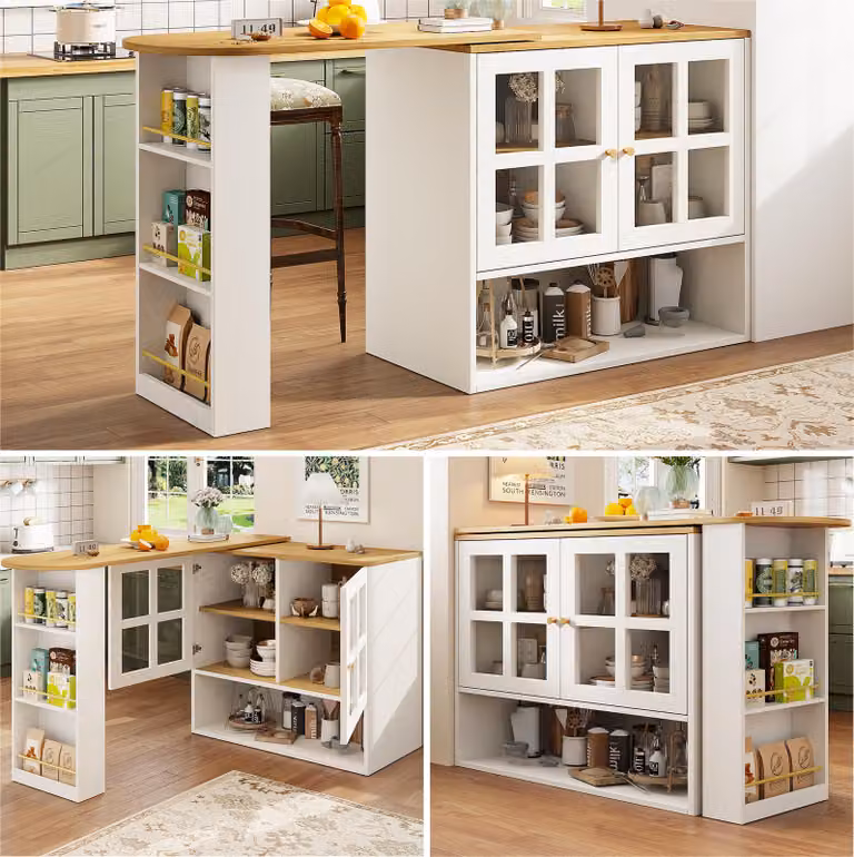 Isola da cucina e bancone, girevole a 360 gradi, estendibile da 138 a 204 cm, mobile contenitore laterale in MDF bianco con ante in vetro e spazio di stoccaggio