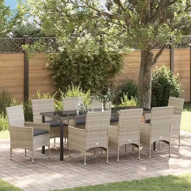 Set da pranzo per giardino e terrazzo vidaXL in polyrattan e vetro, 9 pezzi, Grigio – 1