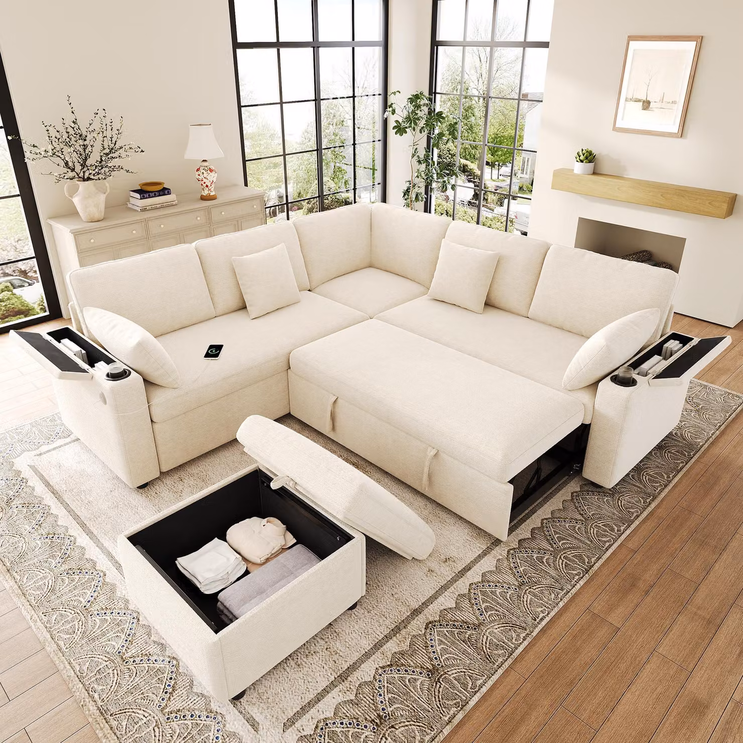 Divano letto a forma di L con cuscino lombare e cuscini, divano angolare con poggiapiedi contenitore, divano classico con porta USB/Type-C, color beige