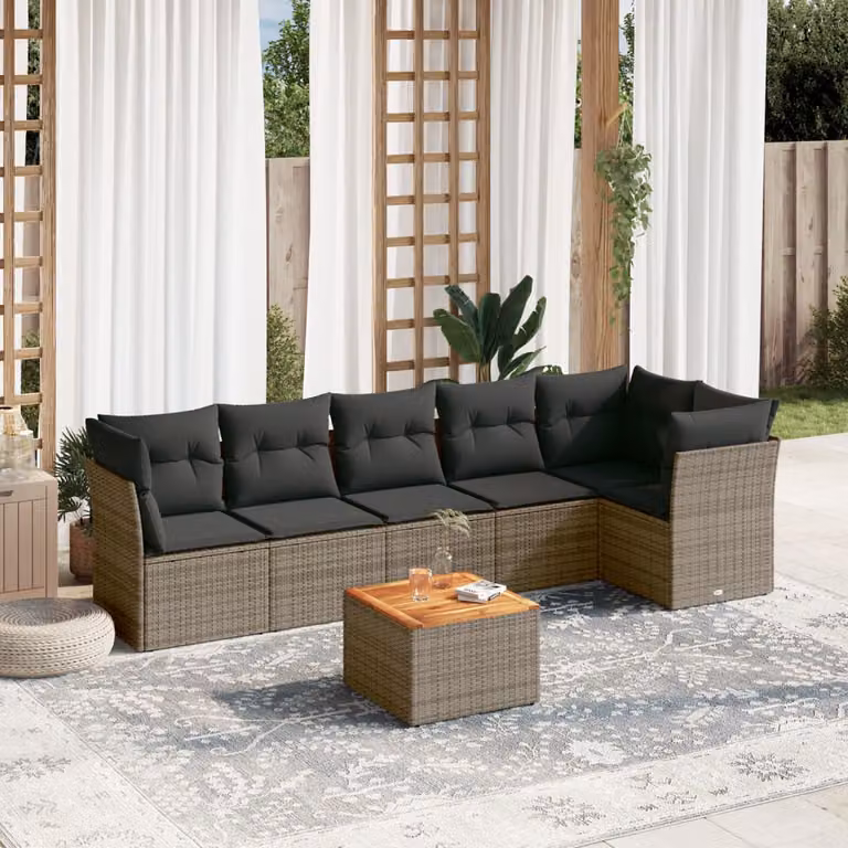 Set Divani da Giardino vidaXL 7 Pezzi in Polyrattan con Cuscini e Tavolino da Caffè, Design Moderno a L, Colore Grigio e Marrone