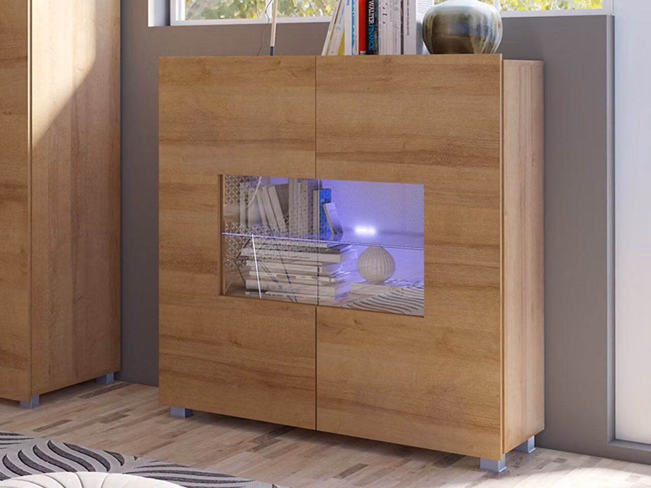 Cassettiera vetrata con illuminazione a LED blu CHEMUNG – rovere dorato