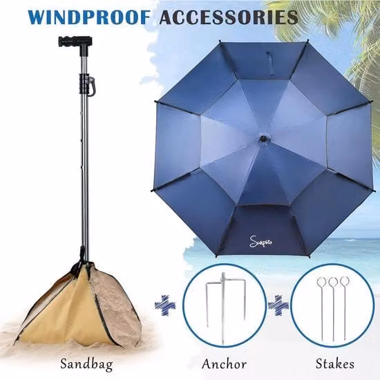 Parasole da spiaggia 220 cm Resistente al vento e protezione UV 50+ Grande ombrello da viaggio Leggero e portatile con piede di base