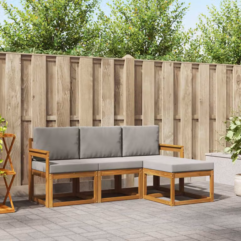 Set di divani da esterno vidaXL a forma di L in legno di acacia con pouf e cuscini, Grigio e Marrone