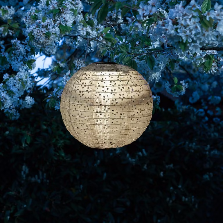 Lampion solare a LED con motivo floreale - luce bianca calda - altezza: 25 cm - diametro: 25 cm - sensore di luce - color beige