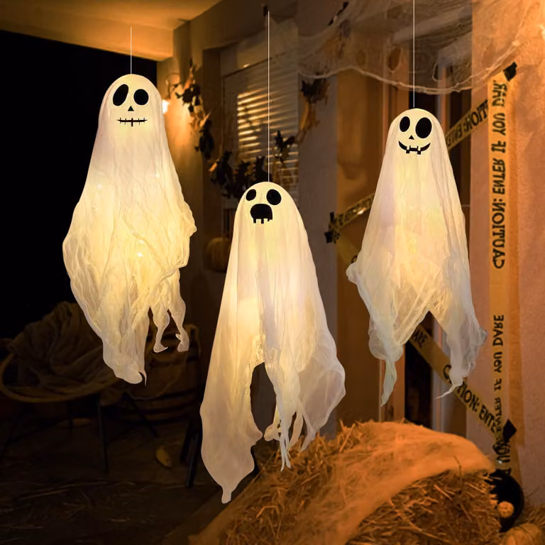 Decorazioni per Halloween, set da 3 fantasmi LED, 45 cm, da appendere