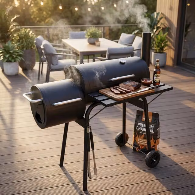 Barbecue a carbonella con affumicatore offset Kentucky COSMA in acciaio nero