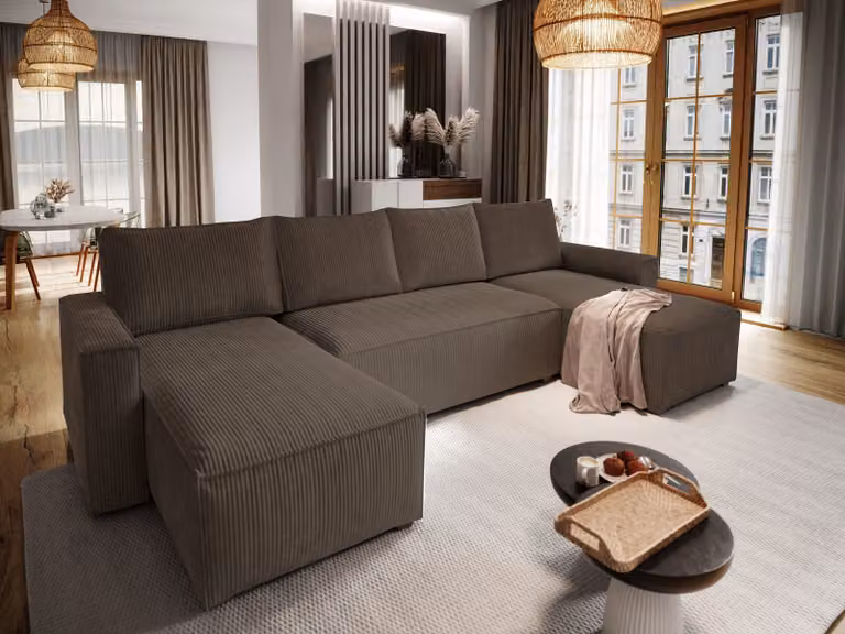 Divano angolare Masseno ASPRA con funzione letto a U, divano con box letto, divano da salotto, divano, divano, divano letto, set di divani - marrone, POSO 06