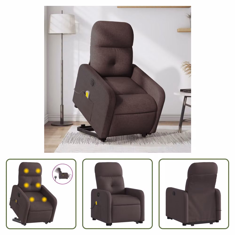 The Living Store Poltrona massaggiante elettrica con supporto in piedi Tessuto marrone scuro