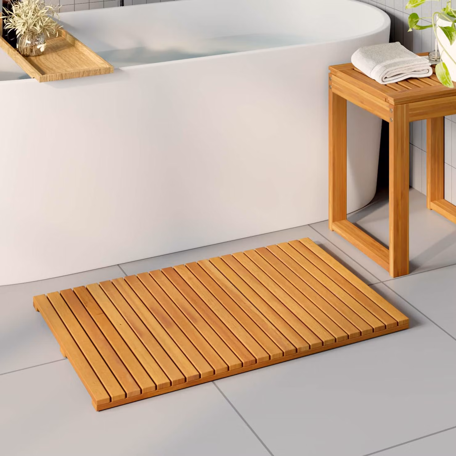 Tappeto da bagno in legno di acacia massello naturale vidaXL marrone L: 80 cm, P: 50 cm