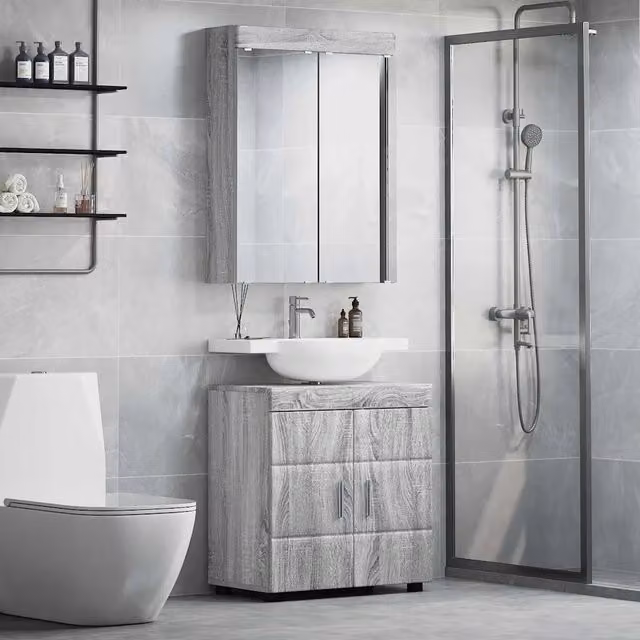 Set di mobili da bagno moderno vidaXL composto da mobile lavabo e armadietto con specchio con illuminazione LED, colore grigio e argento, montaggio a parete. L/P/H: 60,0 x 34,0 x 63,0 cm – 1