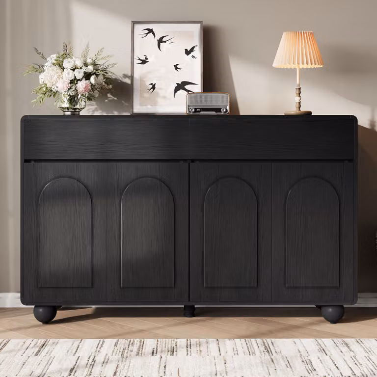 Credenza Merax con ante curve, cassettiera con 2 cassetti e 4 ante, mobile contenitore in MDF e PB con piedini in metallo, nero