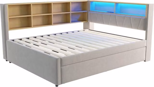 Divano Letto Multifunzionale 140x200 cm con Letto Estraibile 90x190 cm, Tessuto Flanella Grigio Chiaro, LED, Prese e Spazi Portaoggetti
